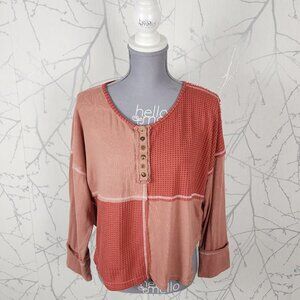 POL Orange Waffle Knit Patchwork Round Neck Henley